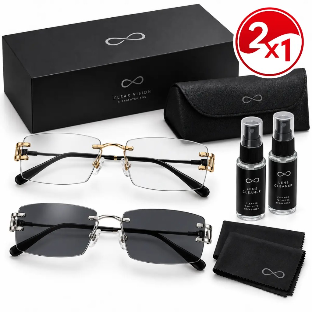 Kit OptiFocus Solar Pro 2×1: due paia di occhiali, custodie, spray e panni in microfibra